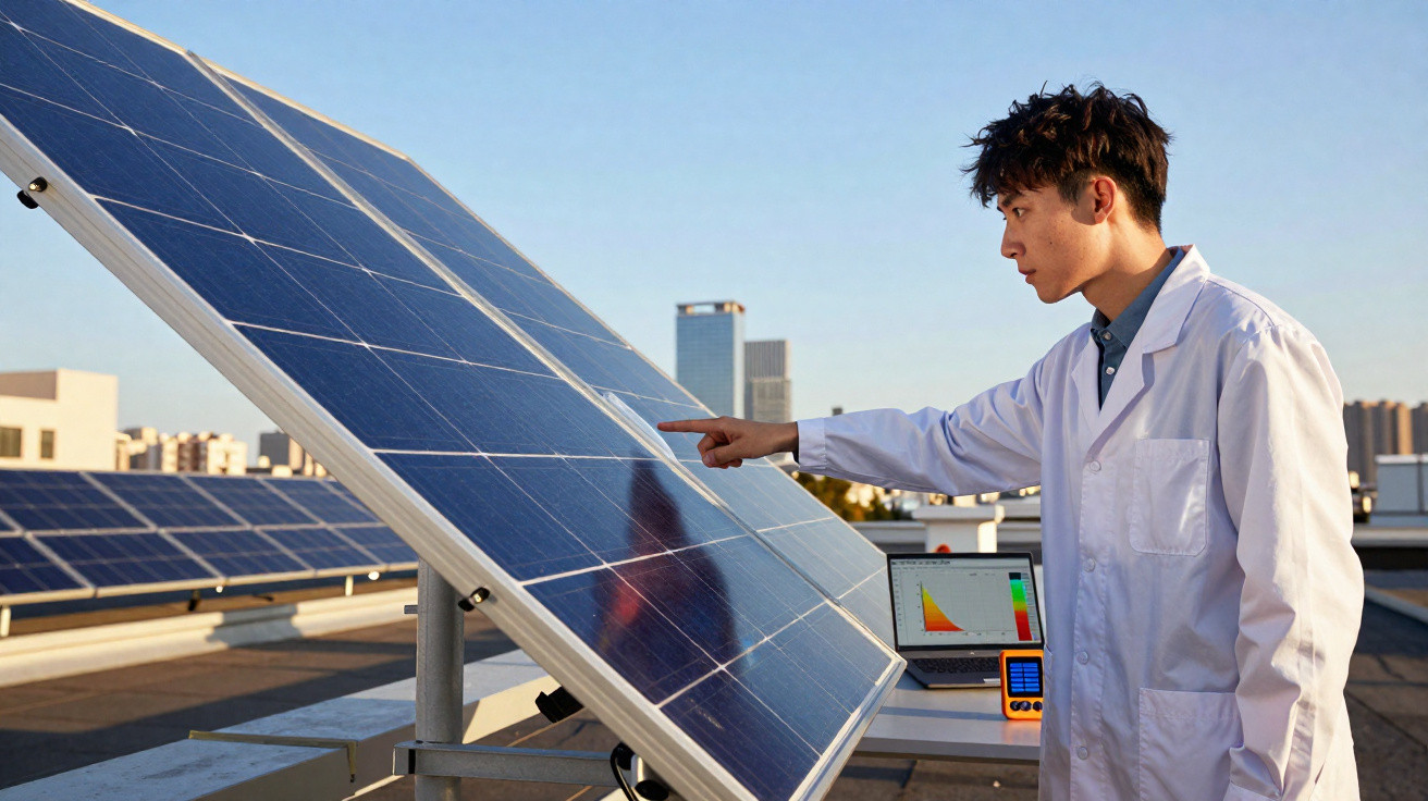 Homem em jaleco branco inspecionando painel solar com laptop e equipamentos ao fundo em telhado.