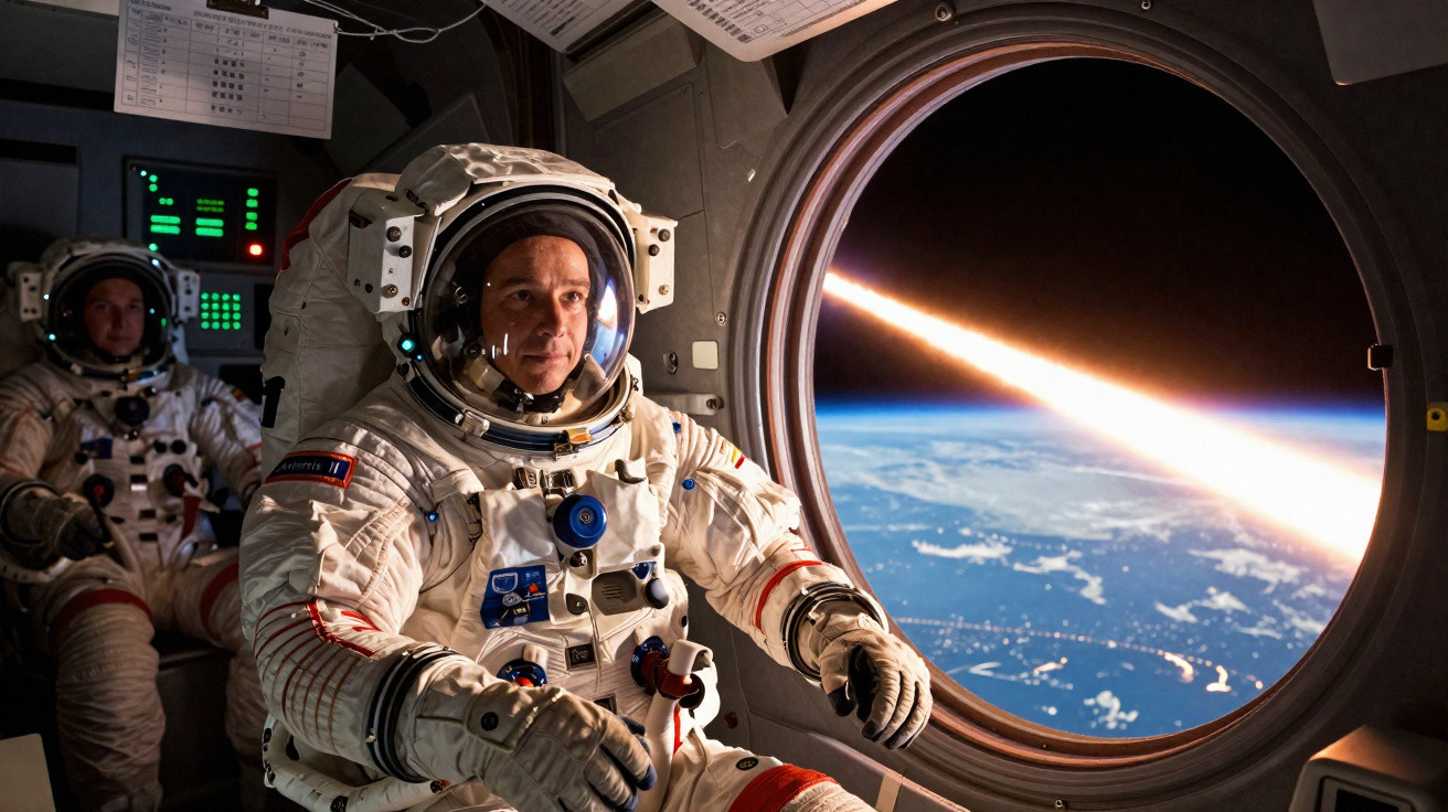 Astronautas dentro de nave espacial observando planeta Terra pela janela redonda durante missão no espaço.
