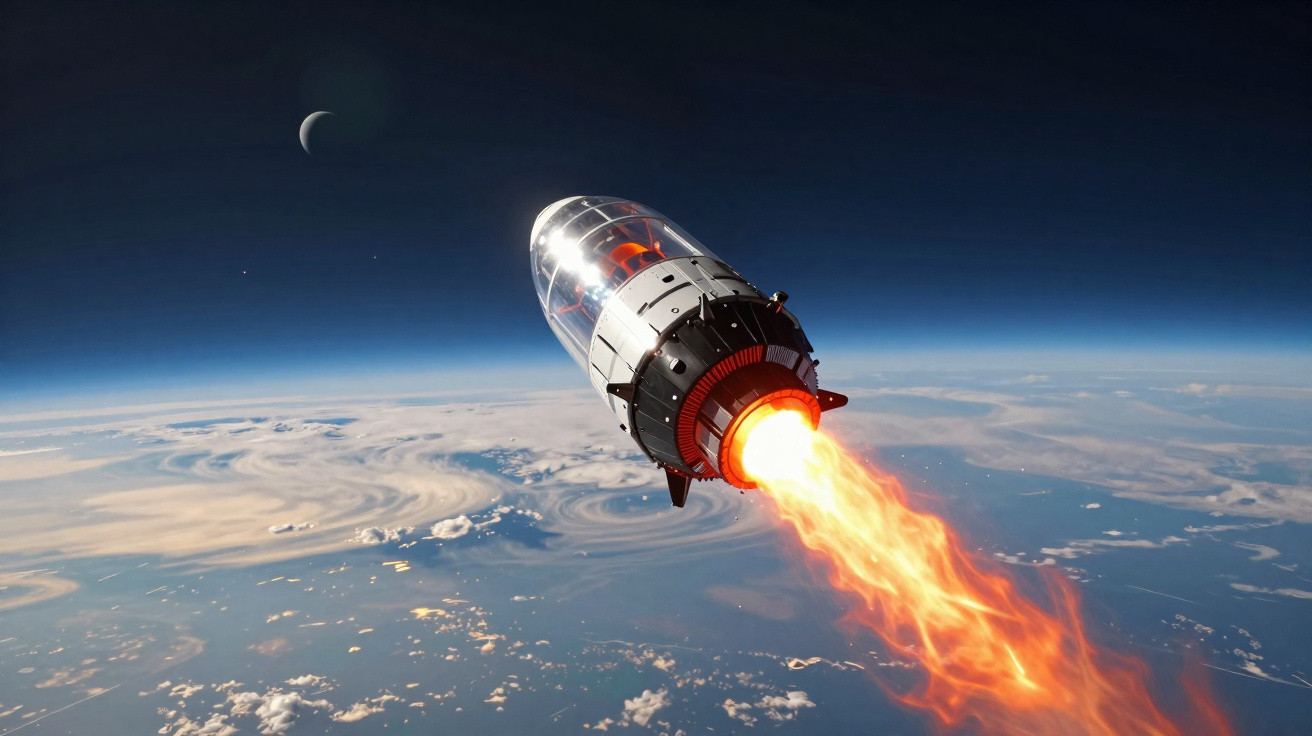 Foguete espacial com chamas saindo do motor sobre a atmosfera terrestre com a Lua ao fundo.