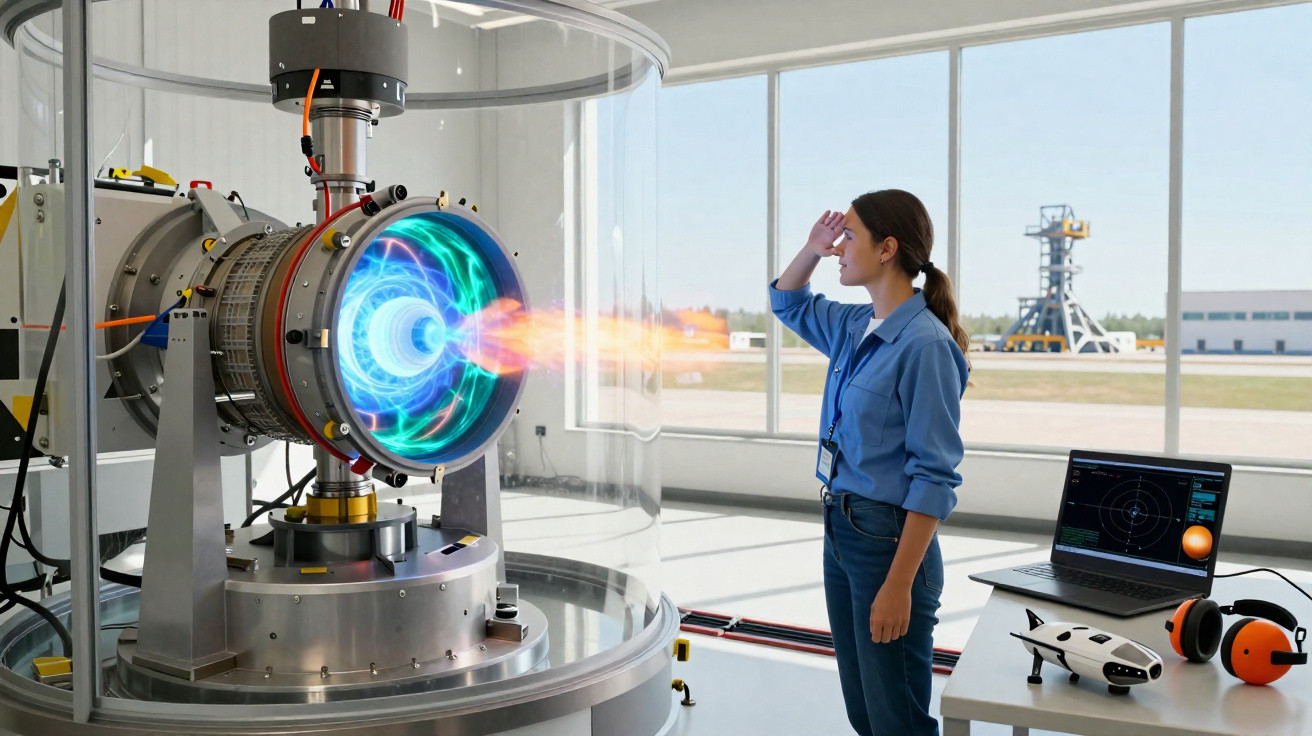 Mulher observando experimento com motor a jato em laboratório tecnológico moderno.