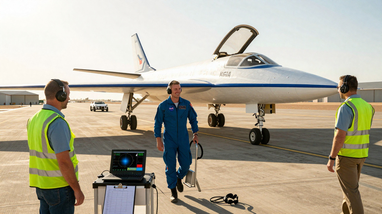 Astronauta e técnicos em área de aeroporto com avião futurista ao fundo em dia claro.