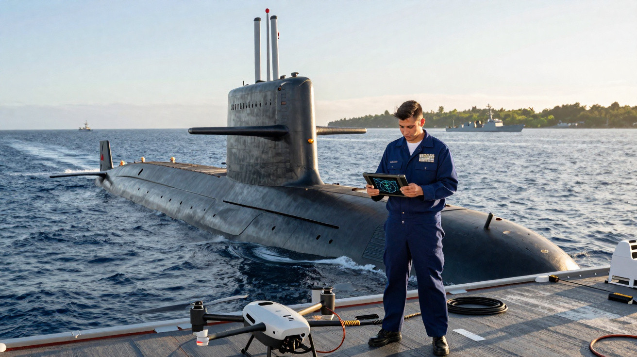 Homem com uniforme azul em convés próximo a submarino no mar, usando tablet ao lado de drone parado.