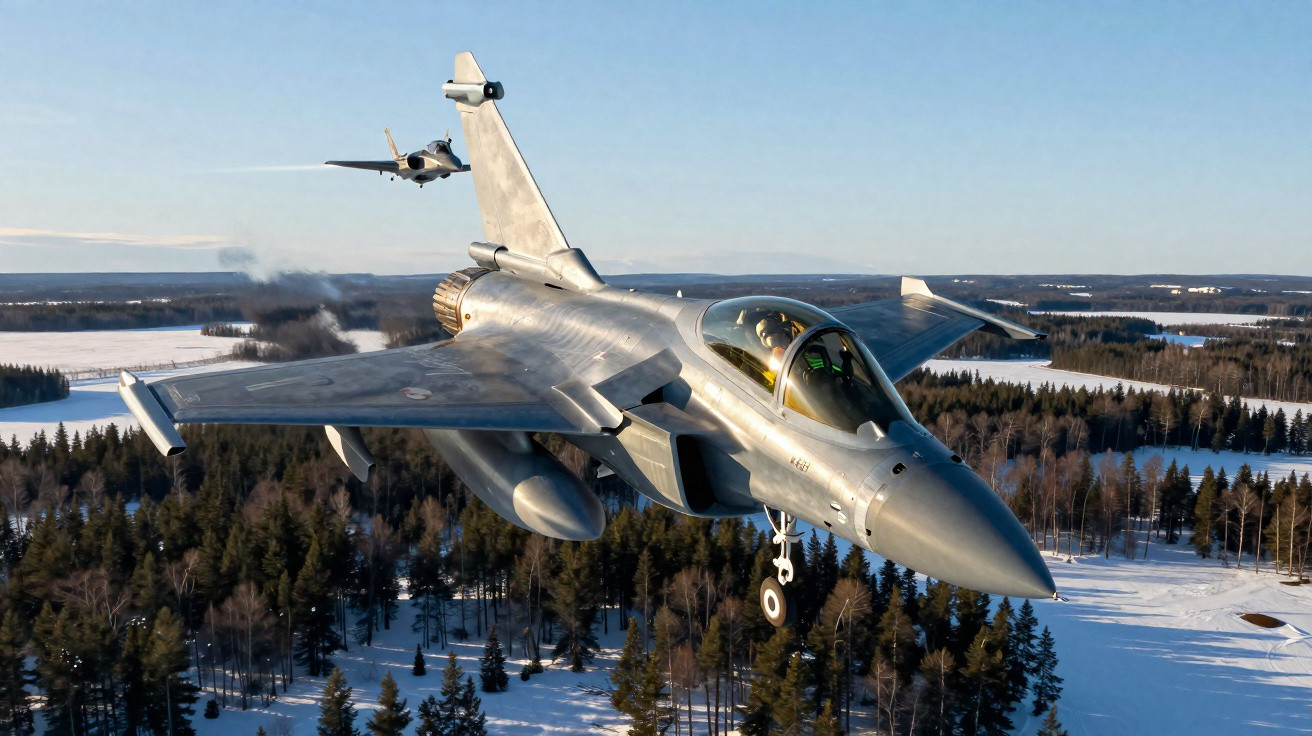 Dois caças militares voando sobre uma paisagem de inverno com árvores e neve.