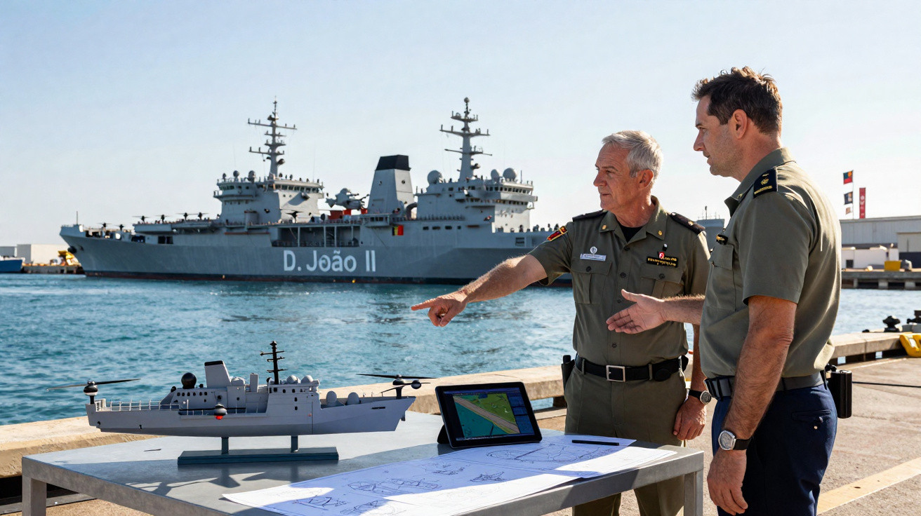 Dois militares discutem projetos de navio com maquete e plano, com navio D. João II ao fundo no porto.