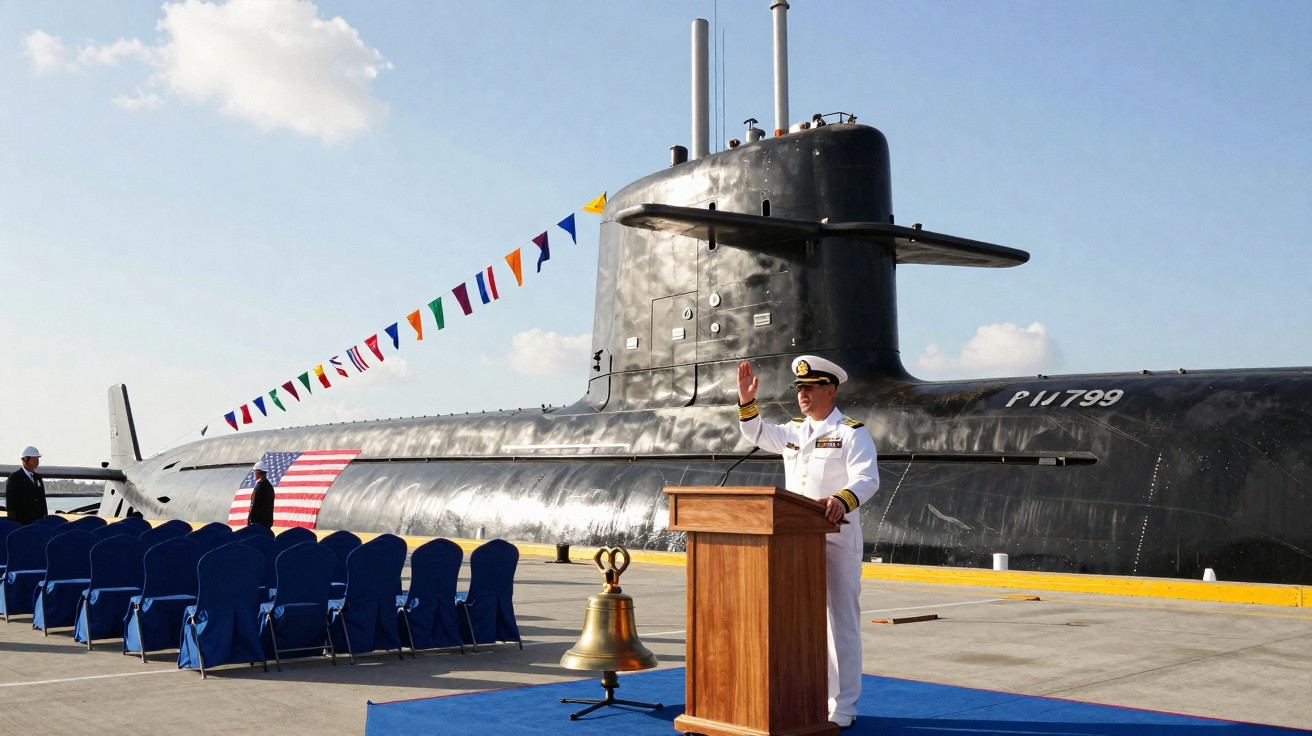 Oficial naval em uniforme branco faz cerimônia ao lado de submarino preto decorado com bandeiras.