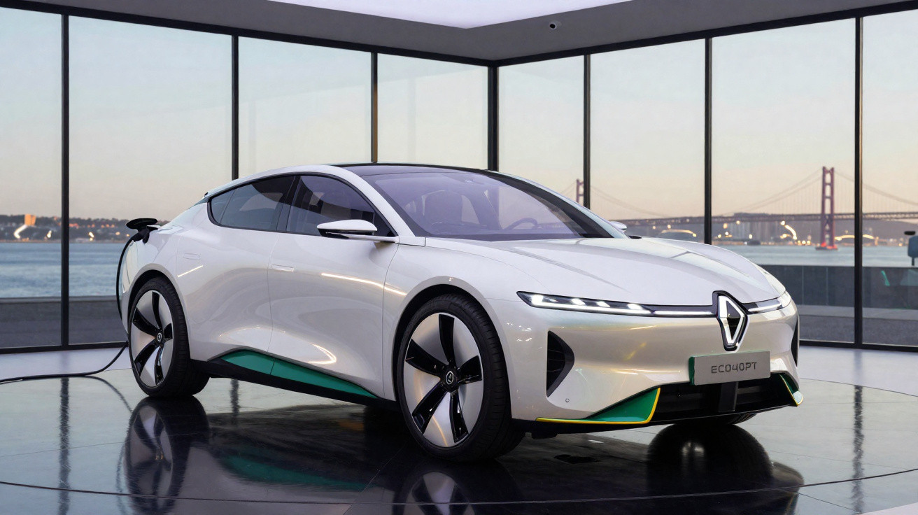 Carro elétrico branco Renault ECO4OPT em exposição com vista para ponte e rio ao fundo.