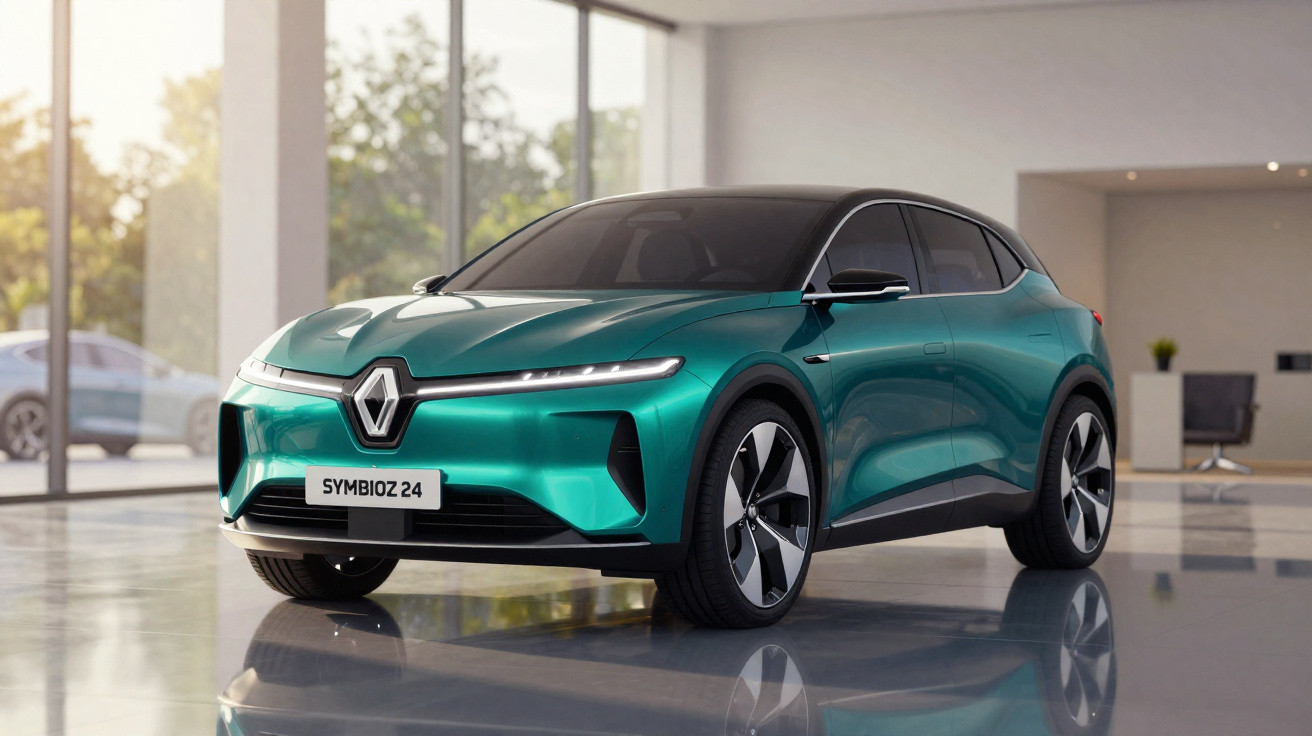 Carro elétrico Renault Symbioz 2.4 verde em ambiente interno moderno e iluminado.