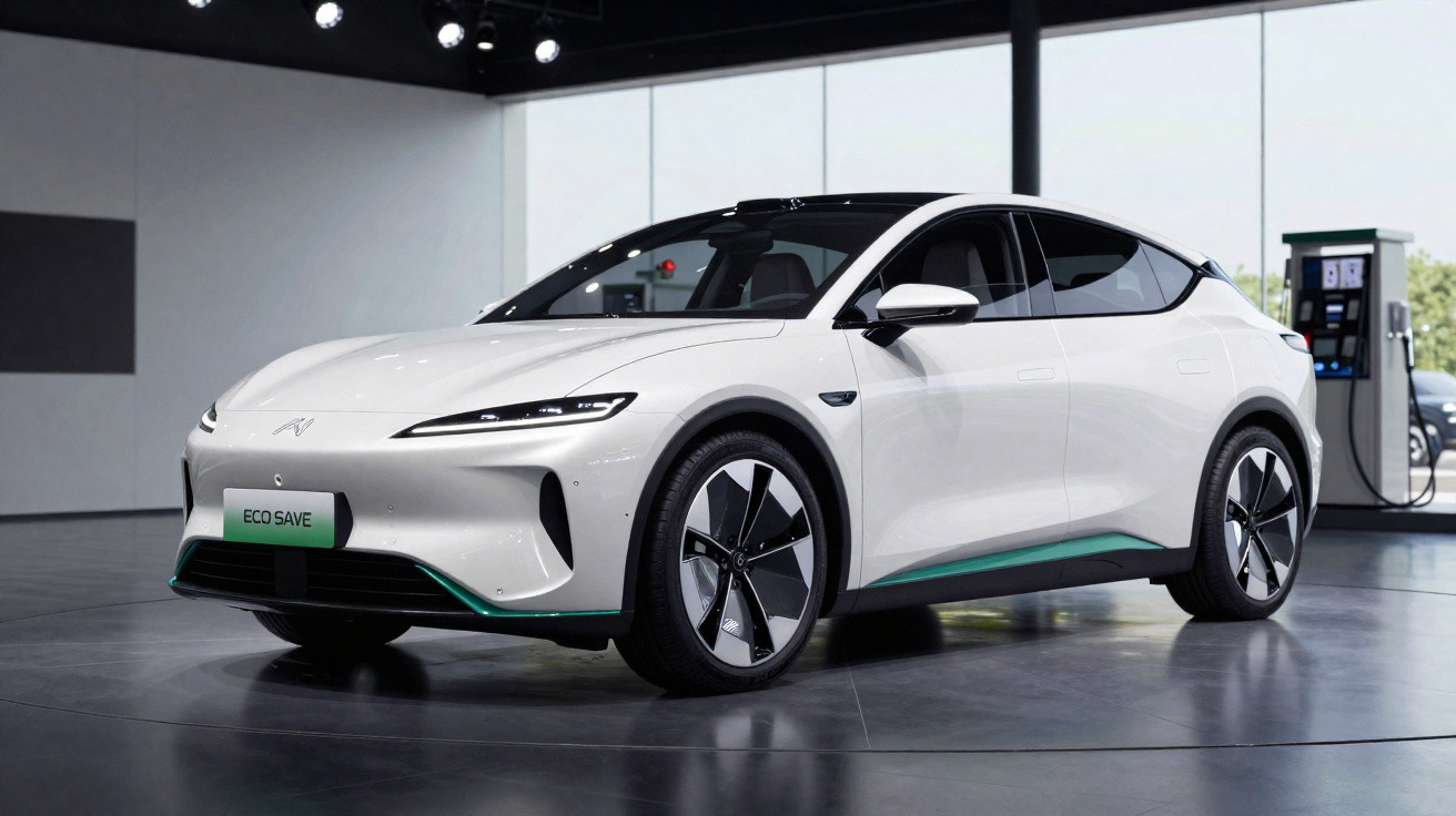Carro elétrico branco estacionado em ambiente interno próximo a carregador elétrico, modelo moderno e aerodinâmico.