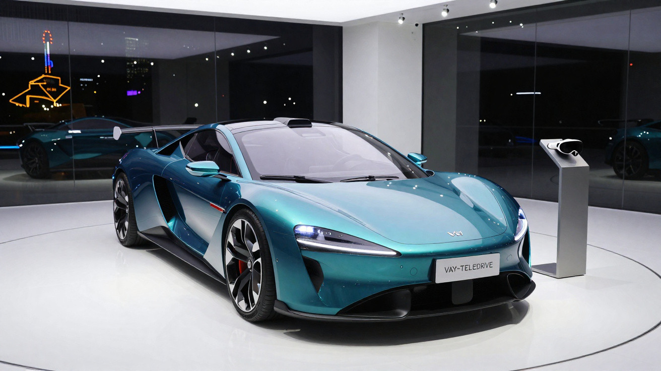 Carro esportivo verde azul metálico exibido em ambiente moderno com piso branco e parede espelhada.
