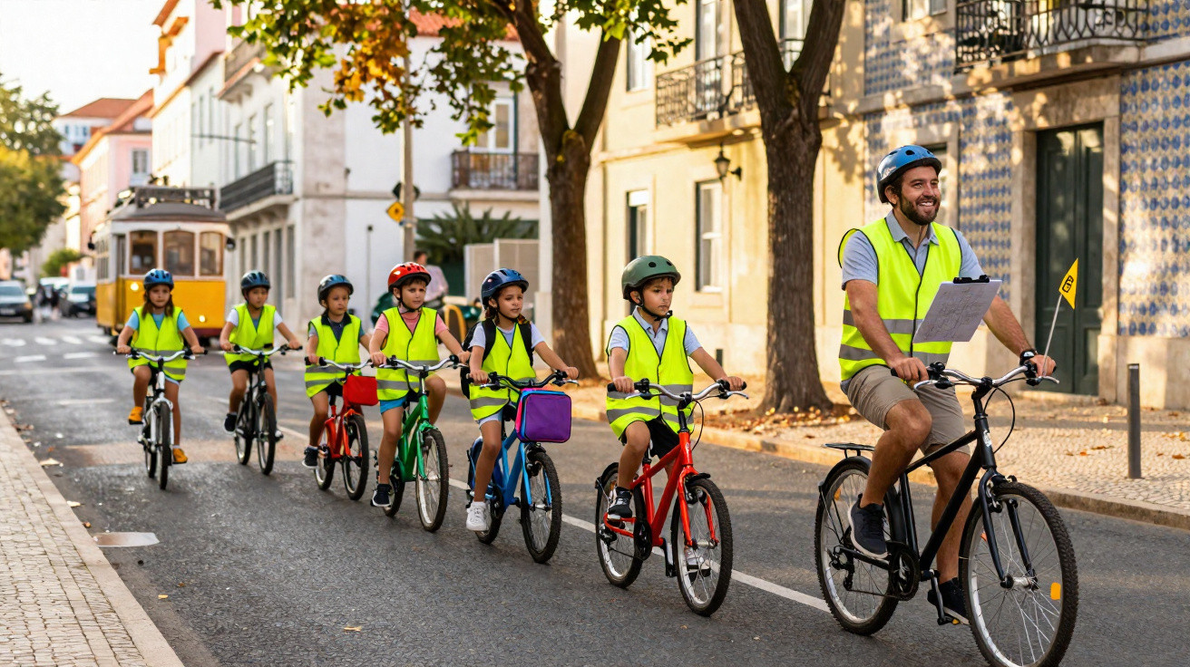 Grupo de crianças e um adulto com coletes refletivos andando de bicicleta em rua urbana, com bonés e capacetes.