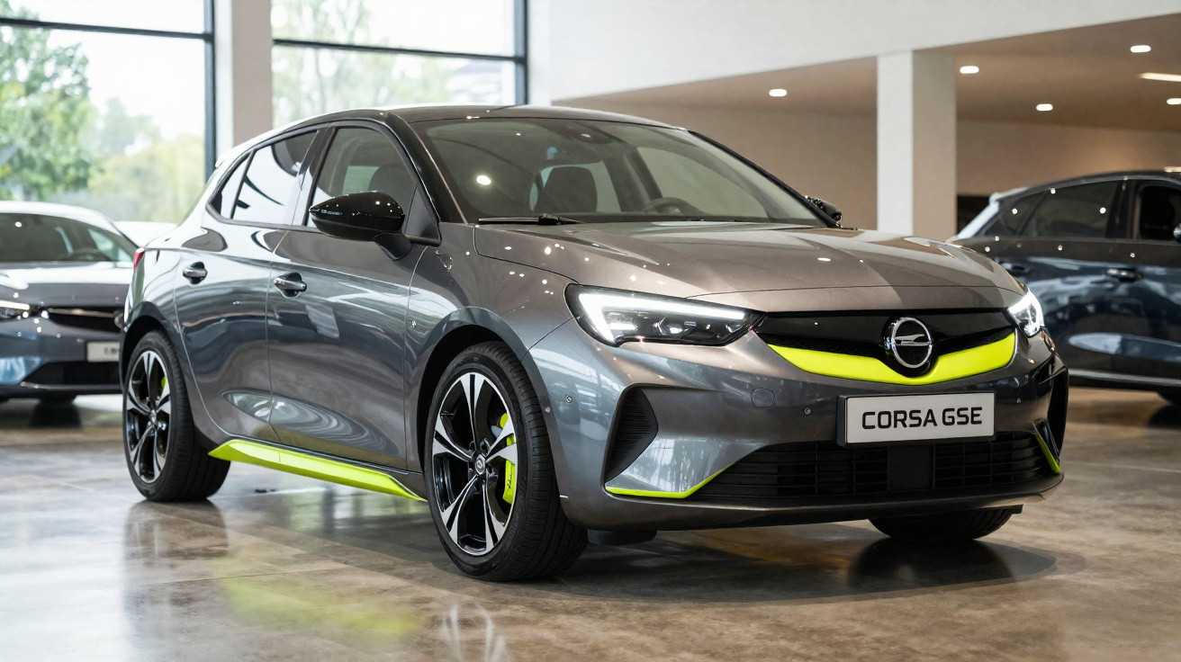 Carro cinza Opel Corsa GSE com detalhes em amarelo, em exposição interna com piso de concreto polido.