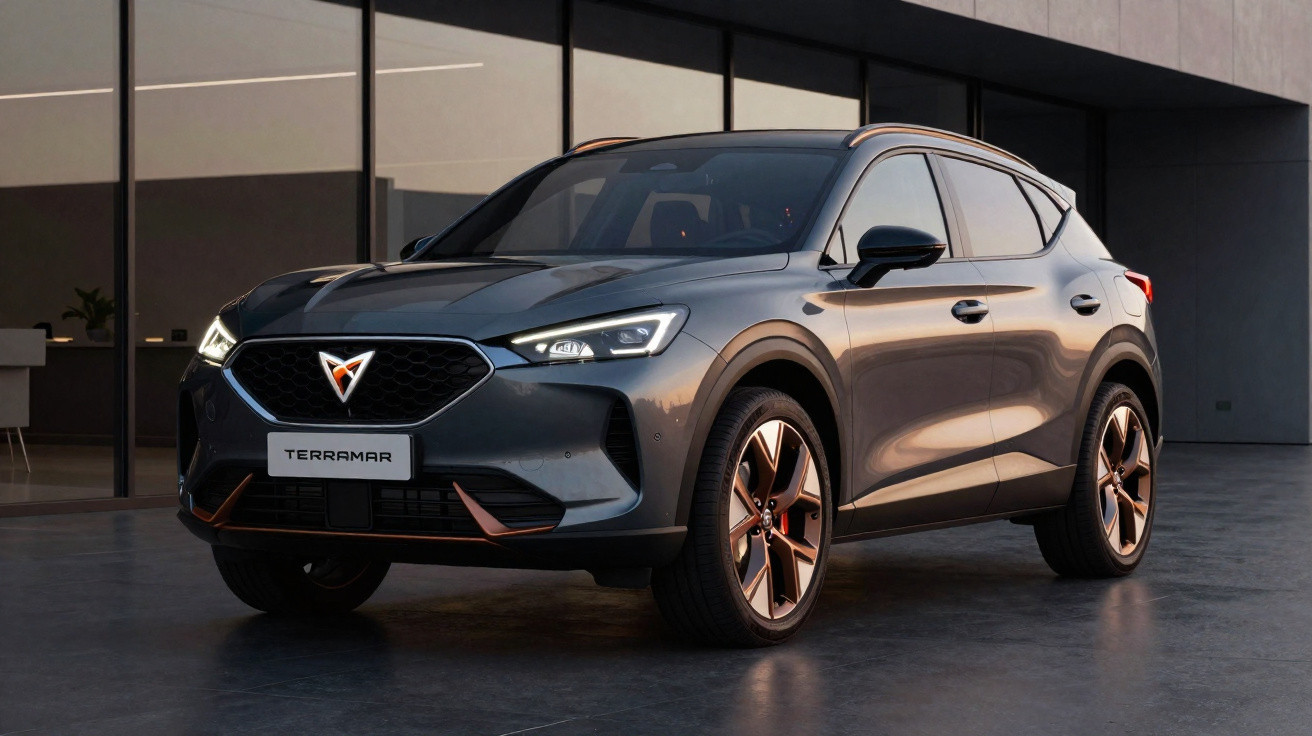 SUV cinza escuro Cupra Terramar estacionado em frente a prédio moderno com vidro refletivo.