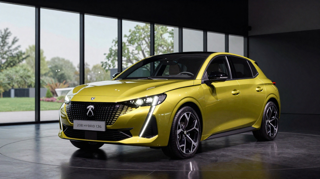 Carro hatchback Peugeot 208 Hybrid 136 amarelo em ambiente interno com janelas grandes ao fundo.