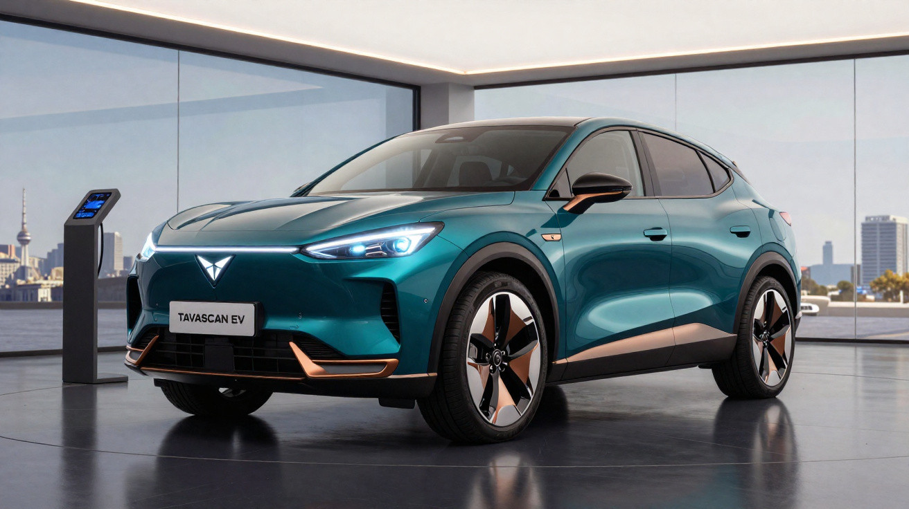 Carro elétrico azul Tavascan EV estacionado em ambiente interno com carregador ao lado e vista urbana ao fundo.