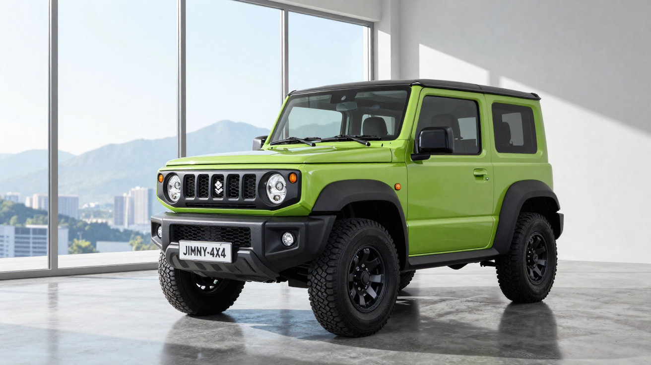 Carro SUV Suzuki Jimny 4x4 verde em showroom com janelas amplas e vista de cidade e montanhas.
