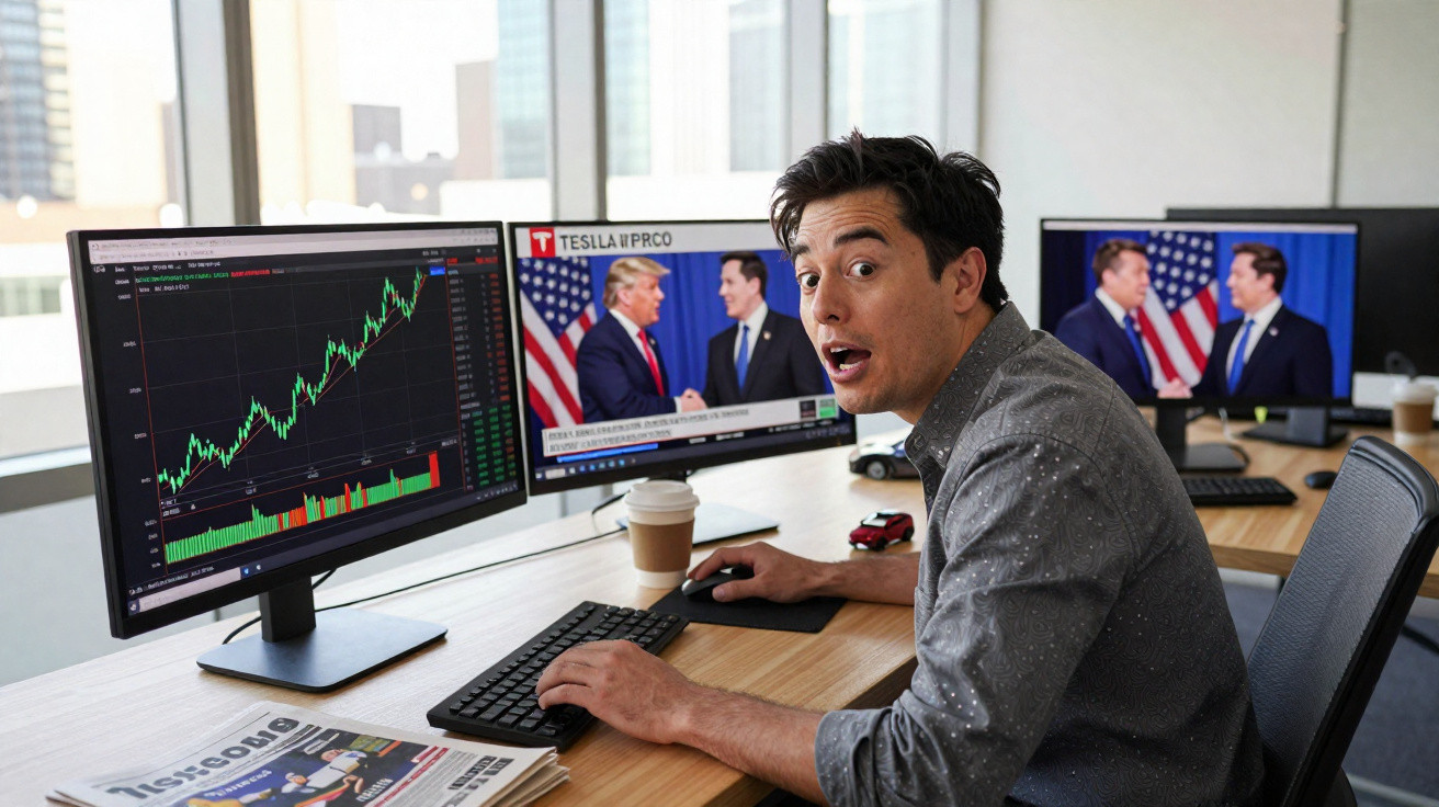 Homem surpreso olhando para tela do computador com gráfico financeiro e notícias políticas.