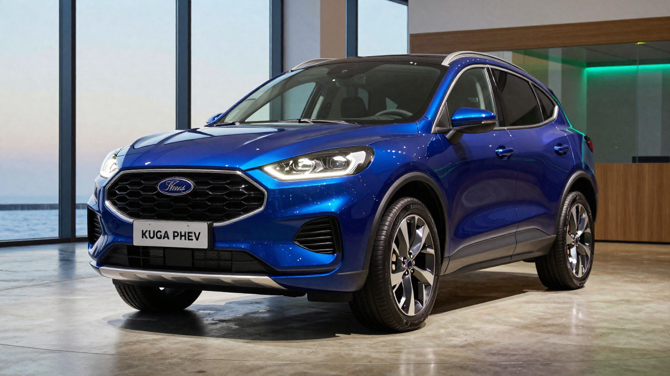 Carro SUV azul Ford Kuga PHEV estacionado em ambiente interno com amplo vidro ao fundo.