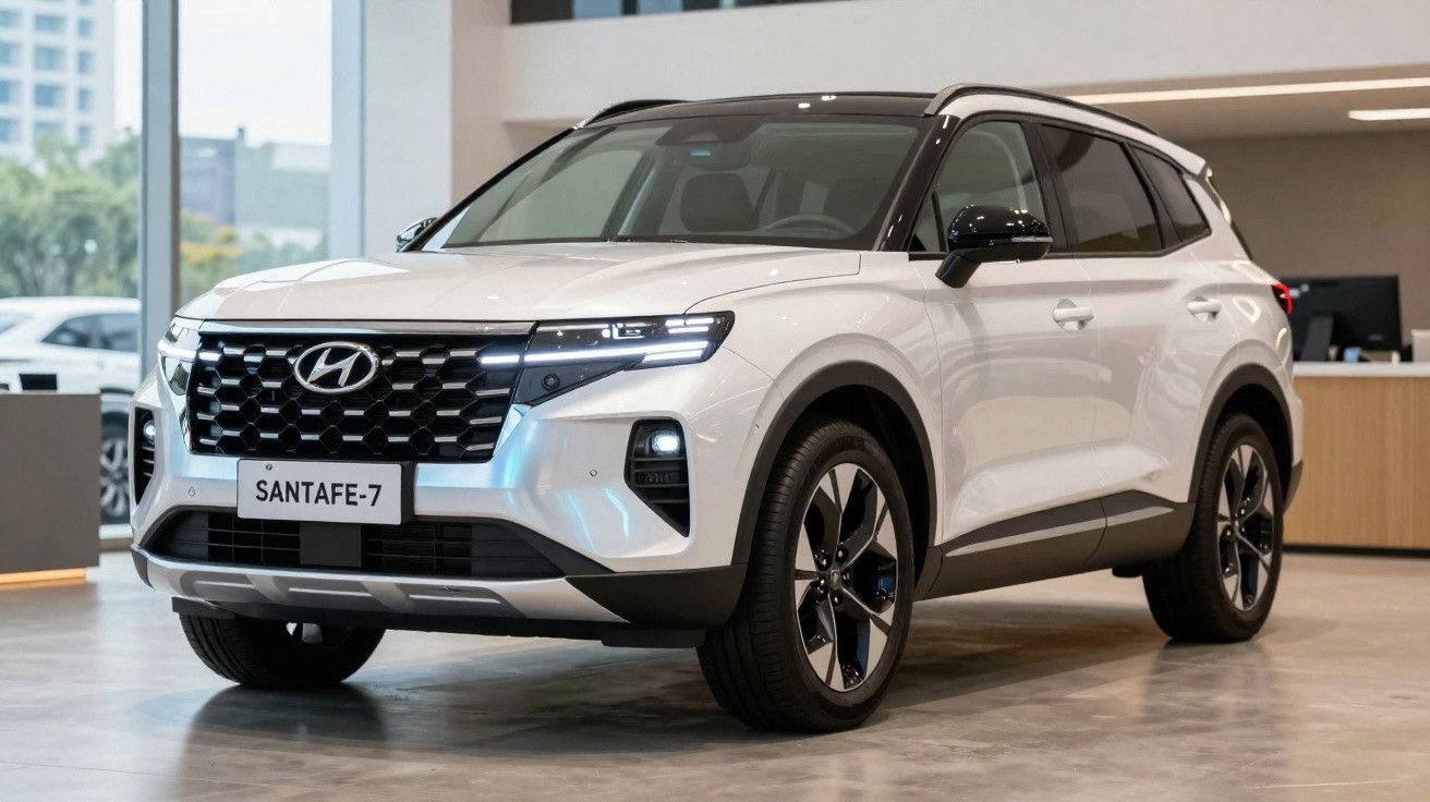 SUV Hyundai Santa Fe 7 branco estacionado em showroom moderno e iluminado.