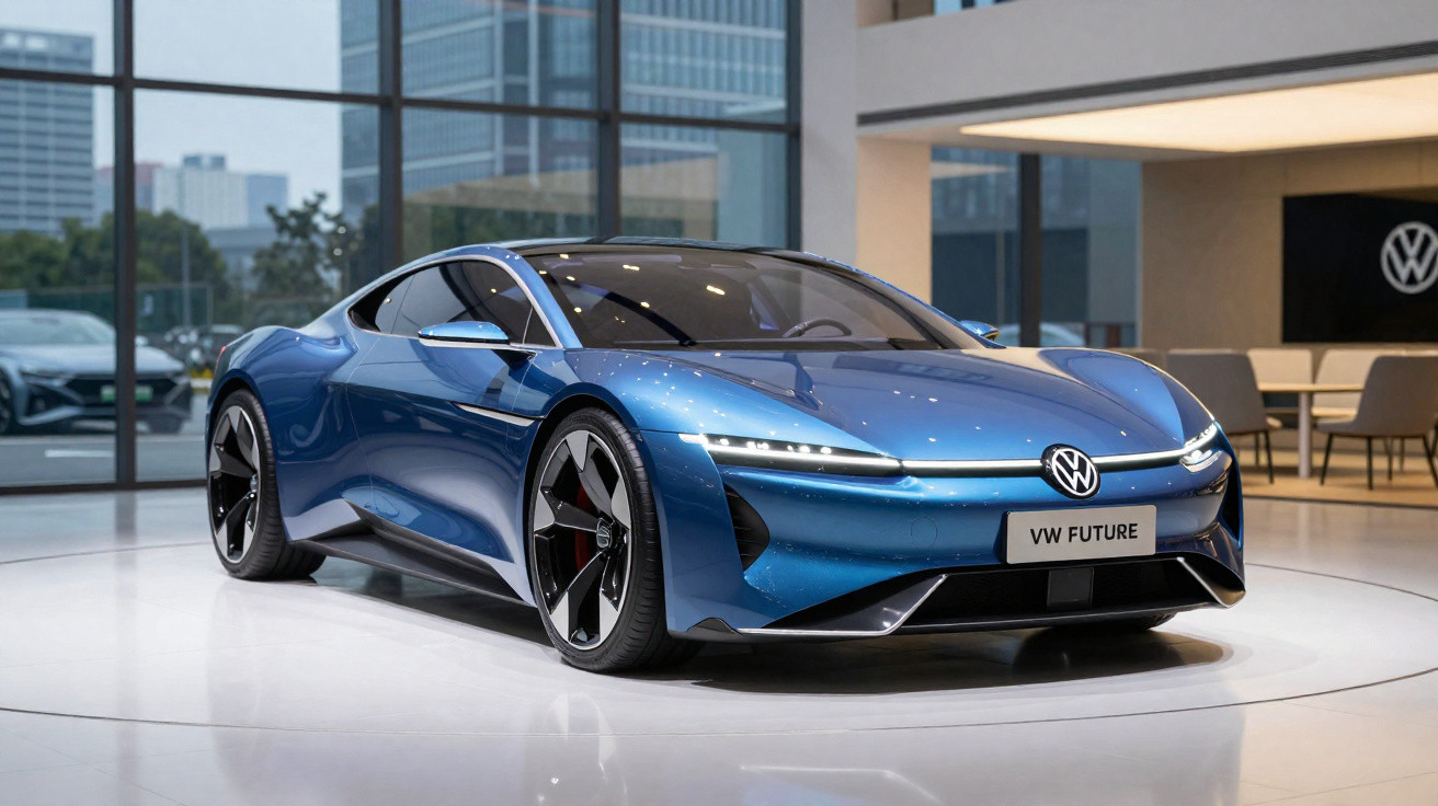 Carro elétrico esportivo azul Volkswagen Future em showroom moderno com janelas grandes.