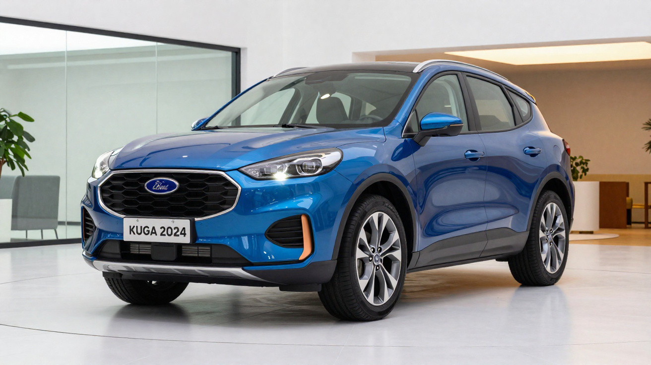 Carro SUV Ford Kuga 2024 azul exibido em ambiente interno moderno e iluminado.