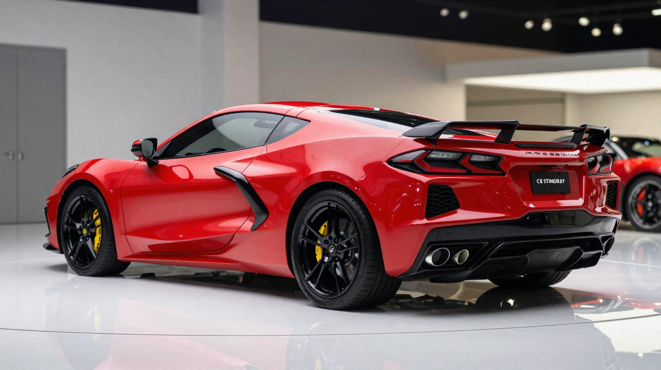 Carro esportivo vermelho Chevrolet Corvette C8 Stingray com rodas pretas em showroom moderno.