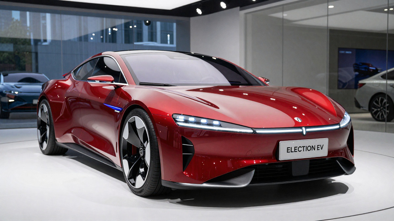 Carro elétrico esportivo vermelho brilhante exibido em salão com design aerodinâmico moderno.