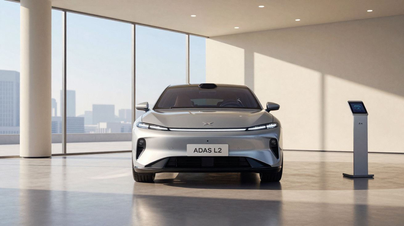 Carro elétrico cinza futurista exibido em ambiente interno iluminado por luz natural.