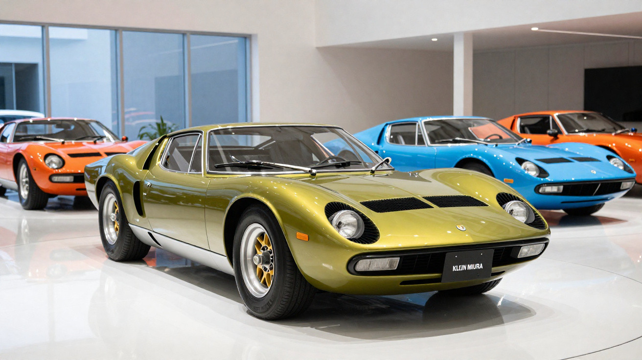 Três carros esportivos clássicos Lamborghini Miura em amarelo, azul e laranja expostos em ambiente interno.