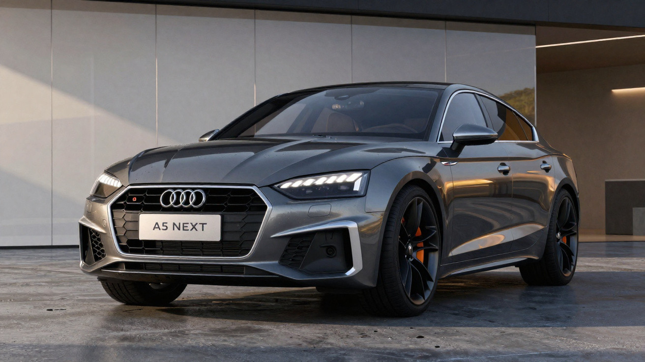 Audi A5 Next cinza estacionado em garagem moderna com detalhes em preto e freios laranja.
