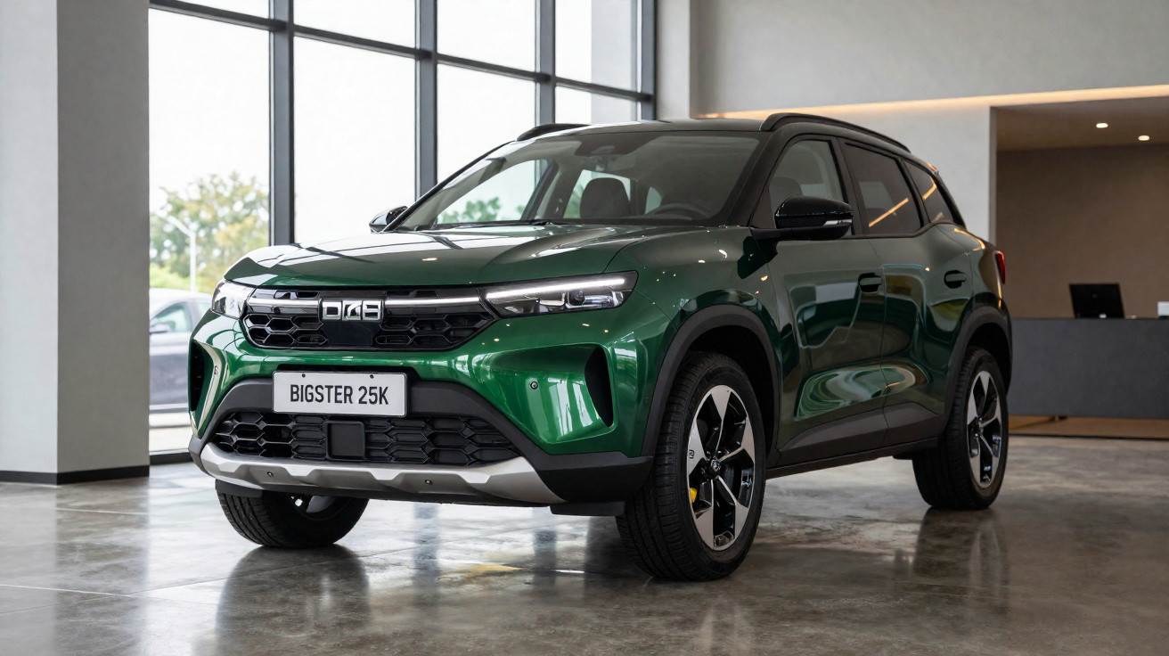 SUV verde Bigster 25K estacionado em showroom com piso de concreto polido.