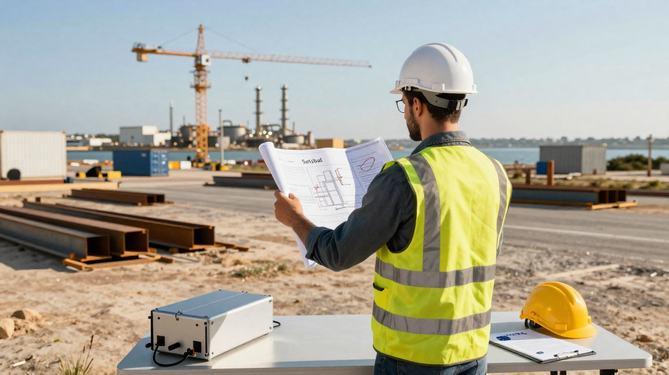 Engenheiro com colete e capacete branco analisa planta em canteiro de obras com guindaste ao fundo.