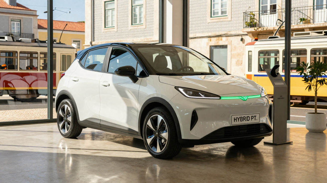 Carro híbrido branco estacionado em showroom com placas "HYBRID PT" e bondes ao fundo.