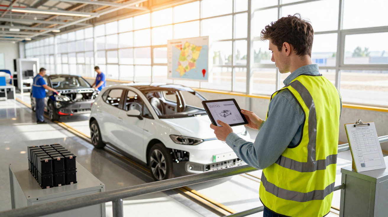 Homem com colete refletivo usa tablet para inspecionar carro branco em linha de montagem automotiva.