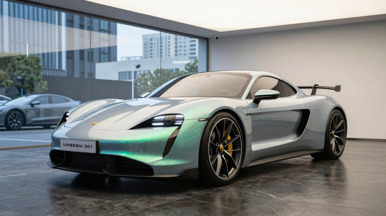 Carro esportivo Porsche Taycan prata exibido em showroom moderno com grandes janelas de vidro.