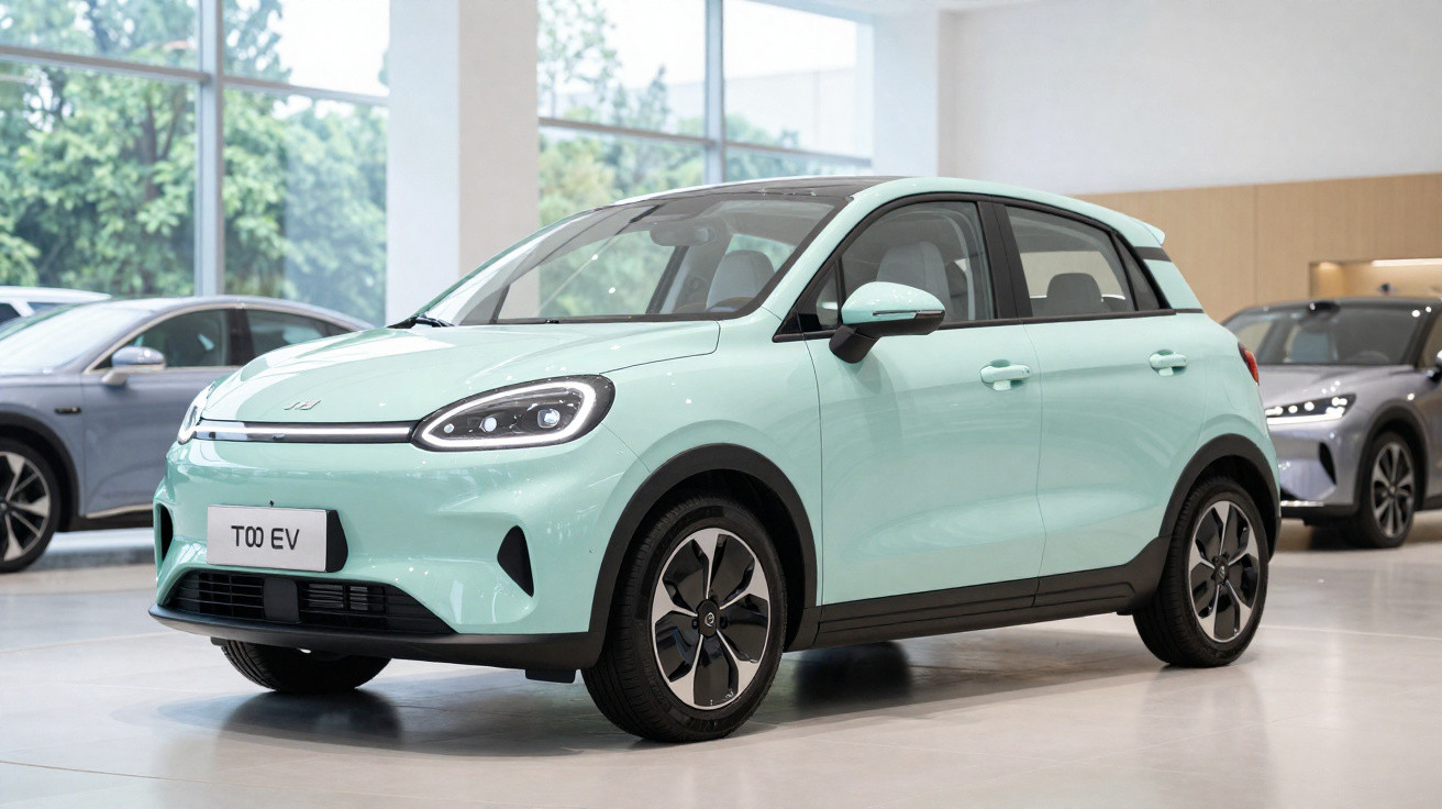Carro elétrico compacto Volkswagen ID.3 verde água exibido em showroom moderno e iluminado.