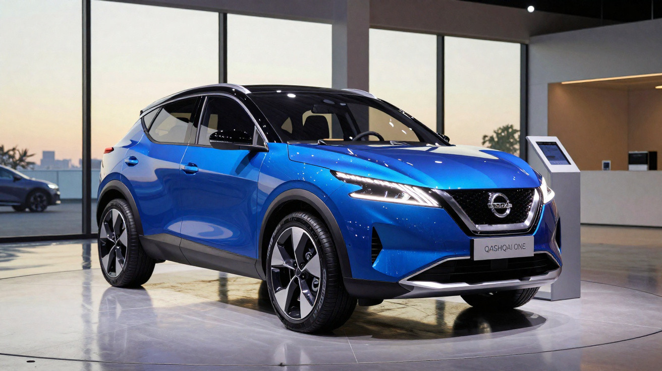 SUV elétrico Nissan Qashqai One azul exposto em cenário moderno com grandes janelas ao fundo.