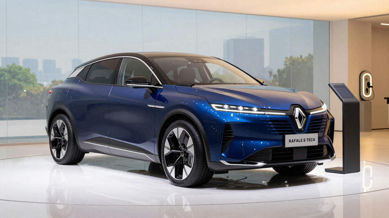 Carro elétrico Renault Rafale E-Tech azul exposto em ambiente moderno com piso branco e parede de vidro.
