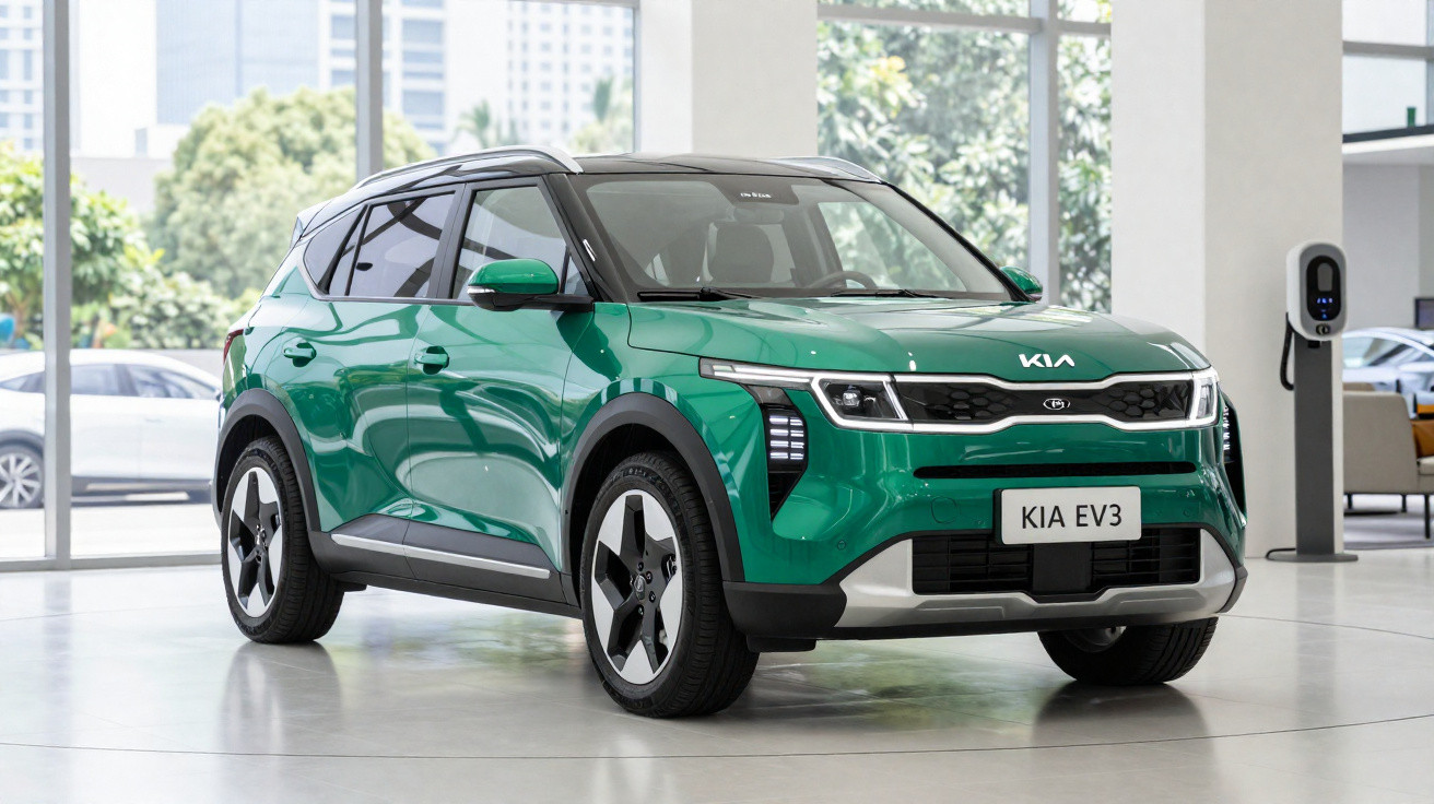 SUV elétrico verde Kia EV3 estacionado em showroom moderno com carregador ao fundo.