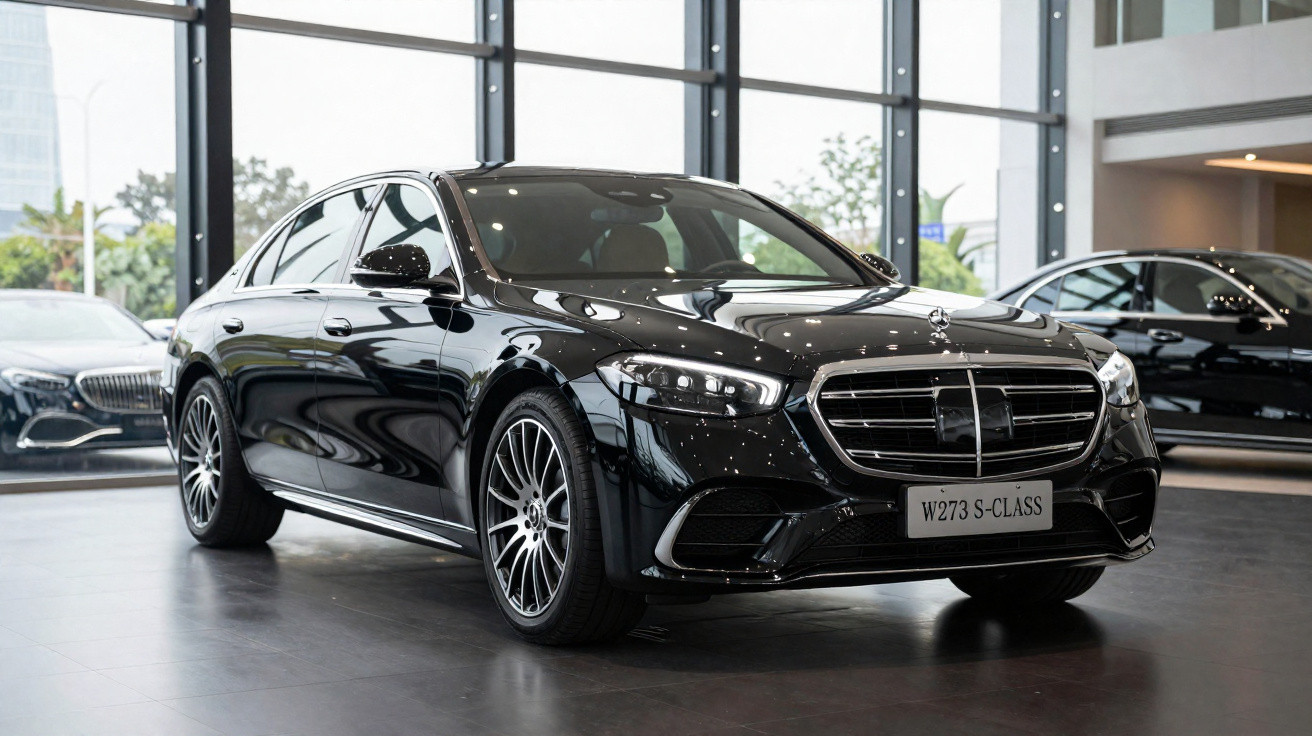 Carro preto Mercedes-Benz W273 S-Class exibido em showroom moderno com janelas grandes e iluminação natural.