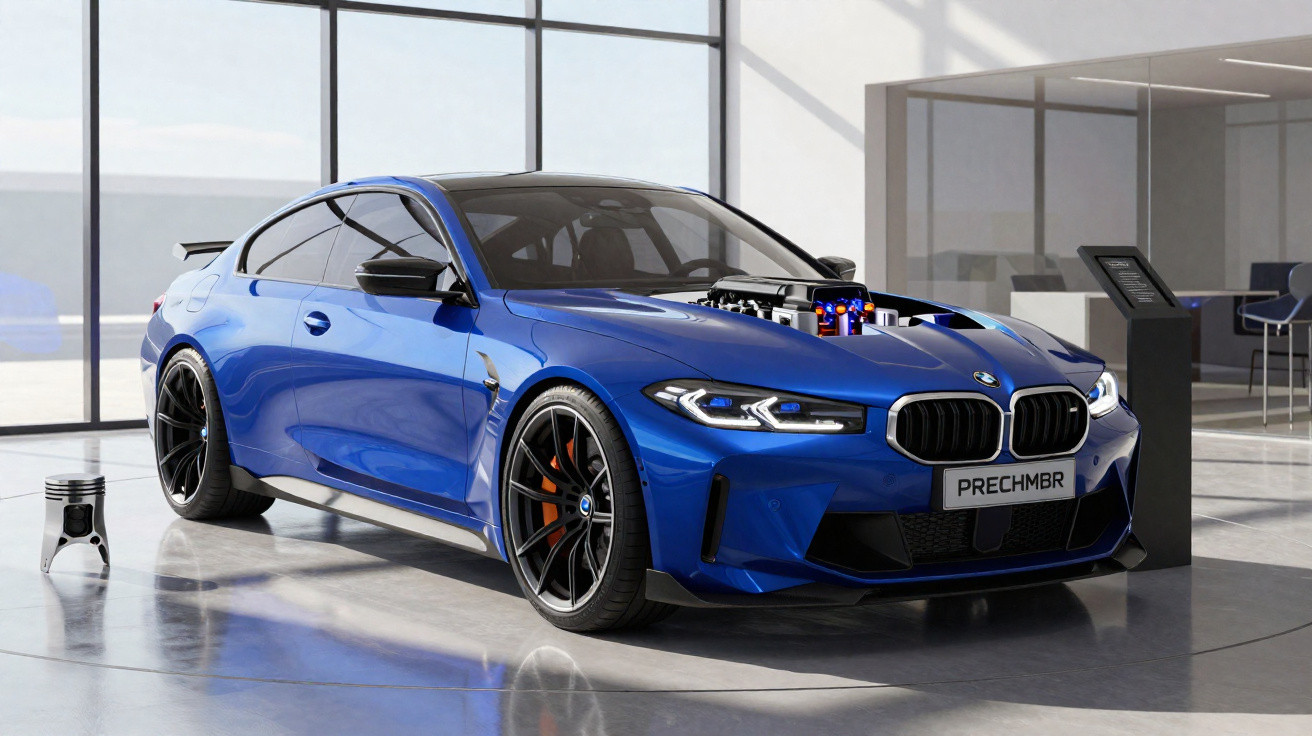 Carro esportivo azul BMW com capô aberto exibindo o motor em ambiente interno moderno e iluminado.