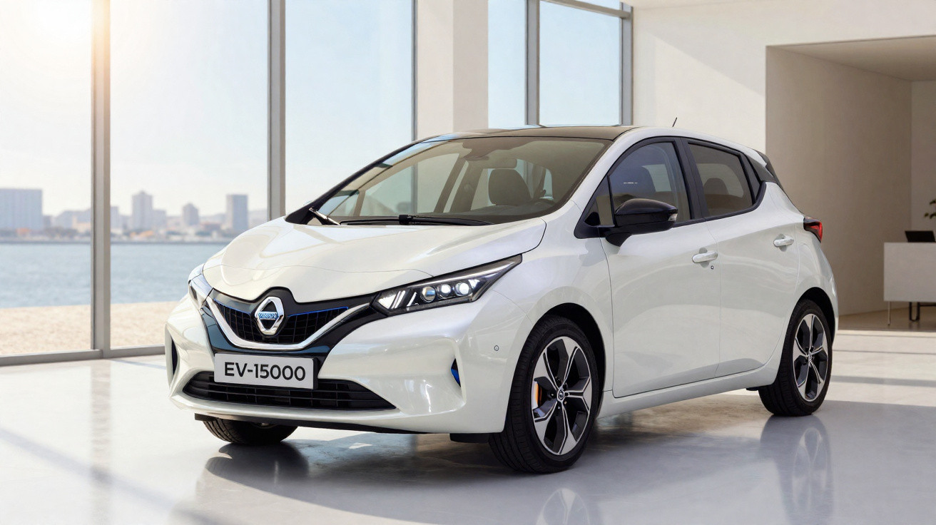 Carro elétrico branco Nissan EV-15000 estacionado em ambiente interno com vista para cidade ao fundo.