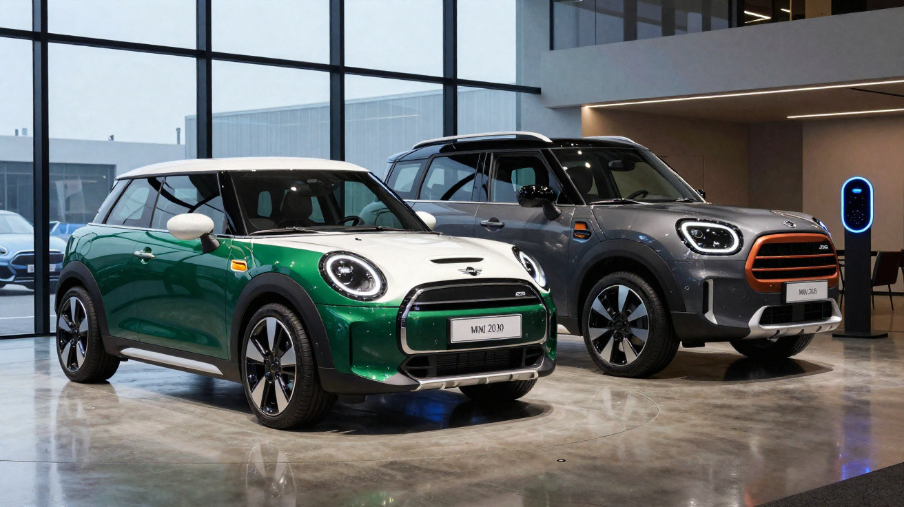 Dois carros Mini elétricos verdes e cinzas expostos em salão moderno com vitrines grandes.