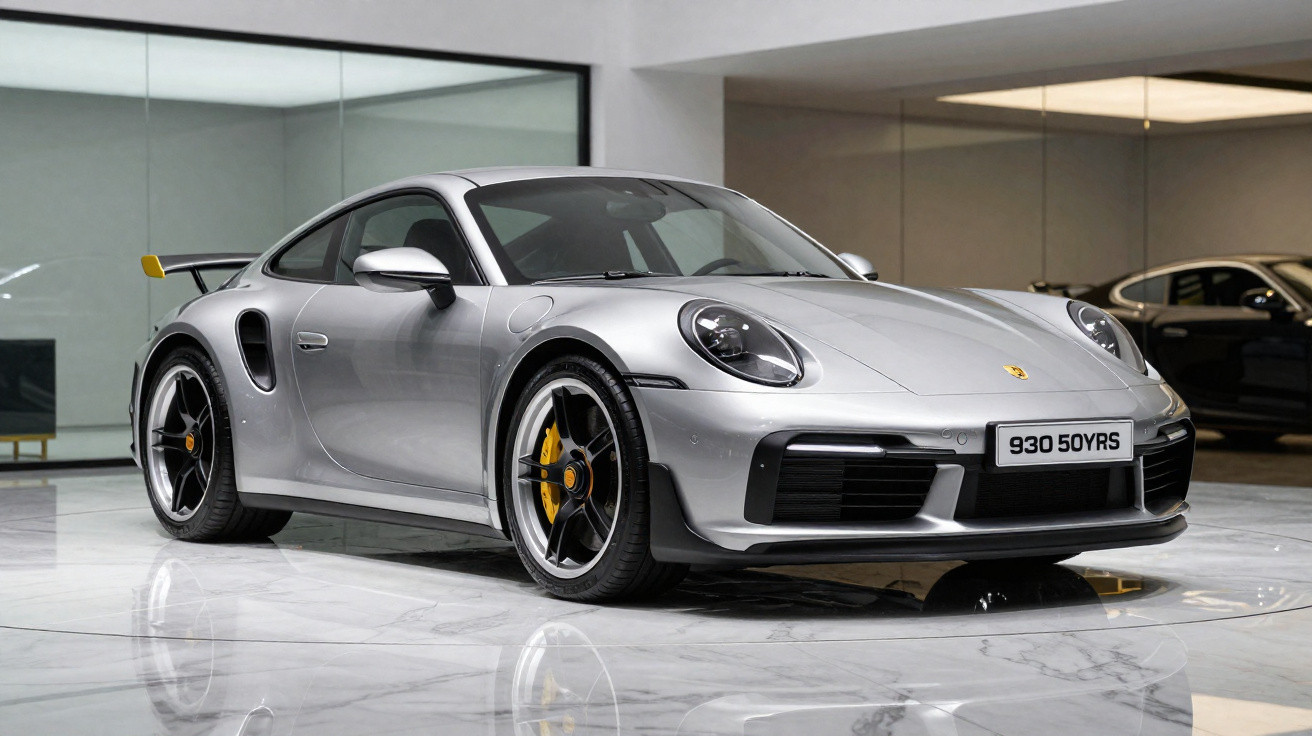 Carro esportivo Porsche 911 prata em ambiente interno com piso branco e detalhes amarelos nas rodas.