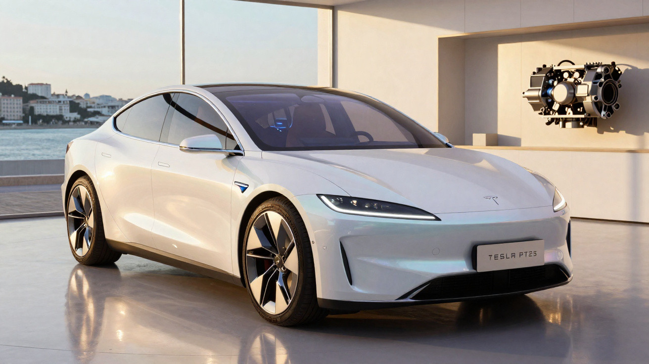 Carro elétrico Tesla PT25 branco em ambiente interno com grandes janelas e vista para rio ao fundo.