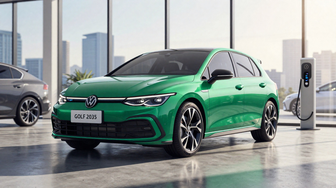 Carro verde Volkswagen Golf 2035 estacionado em ambiente interno moderno com estação de recarga elétrica.