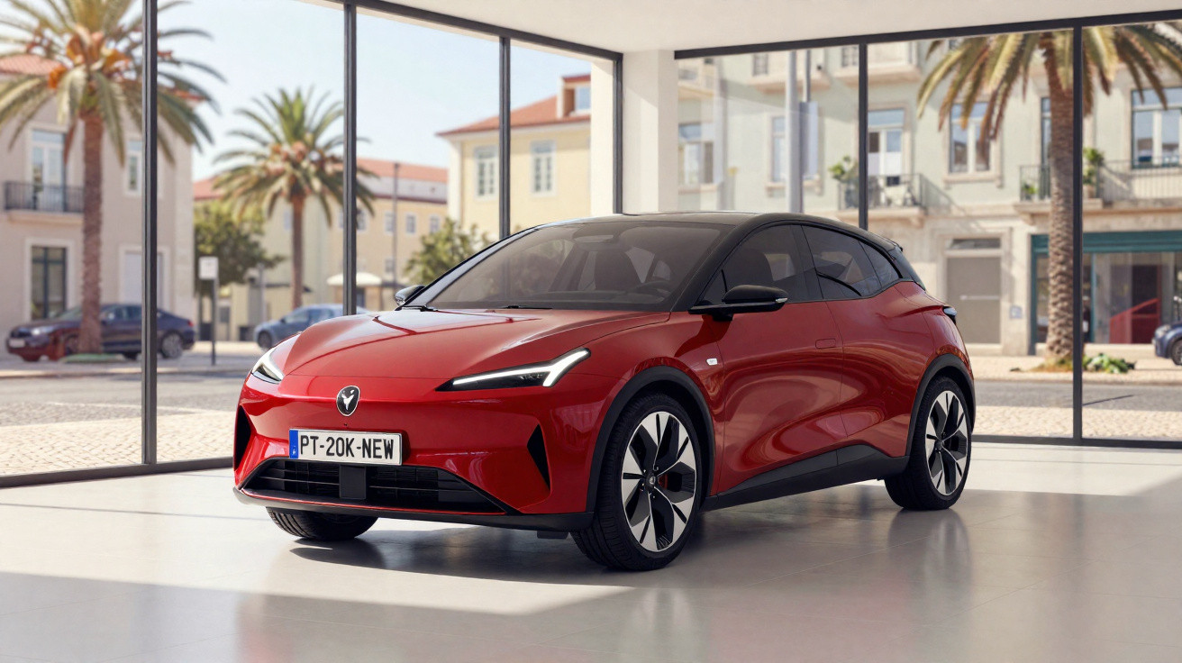 Carro elétrico vermelho estacionado em ambiente interno com grandes janelas e vista de ruas com palmeiras.