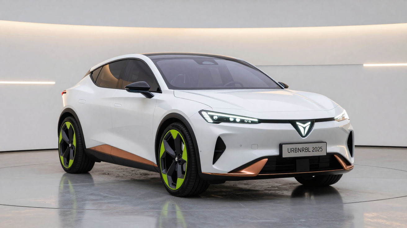 Carro elétrico branco com detalhes em cobre e rodas verdes em ambiente interno moderno e iluminado.