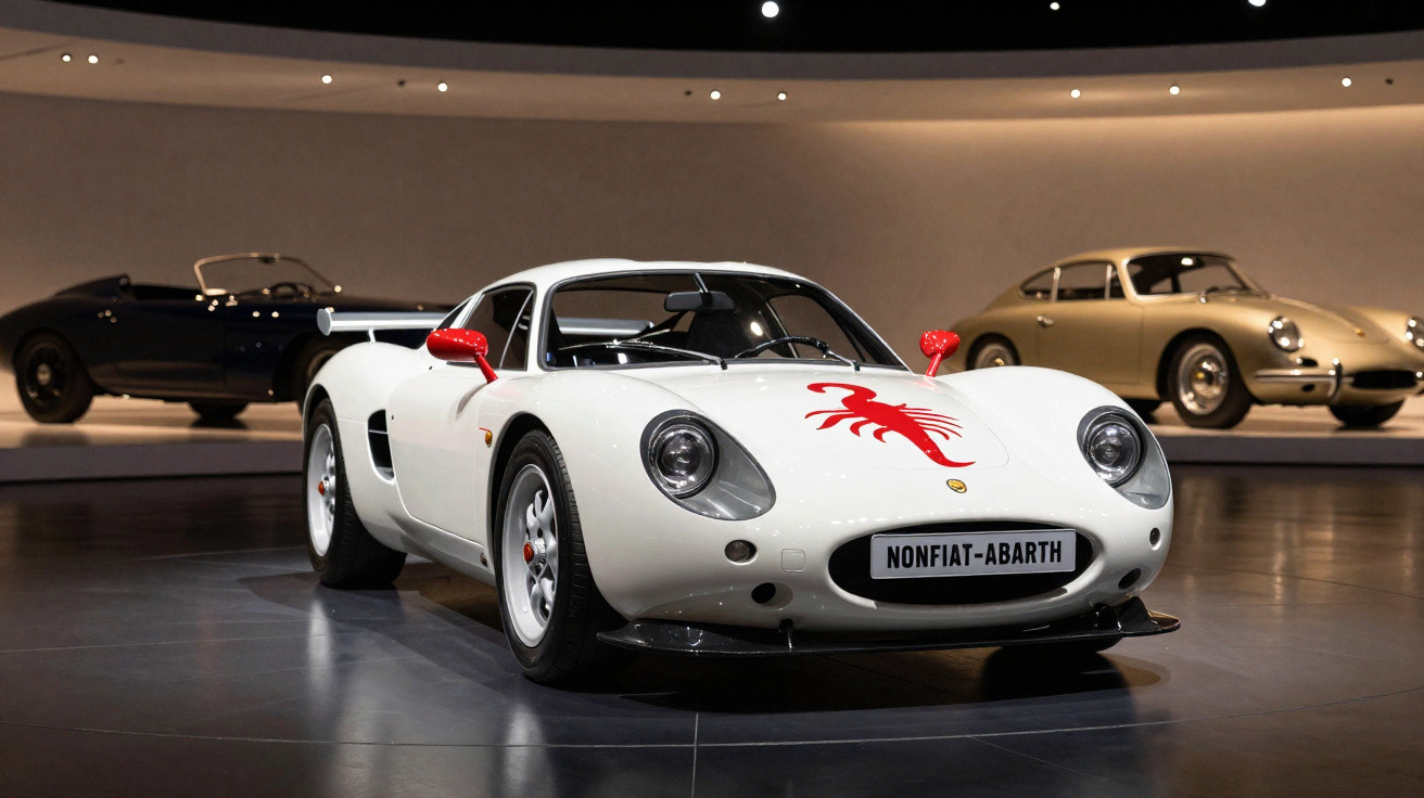 Carro esportivo branco com escorpião vermelho no capô, placa NONFIAT-ABARTH, em exposição num museu.