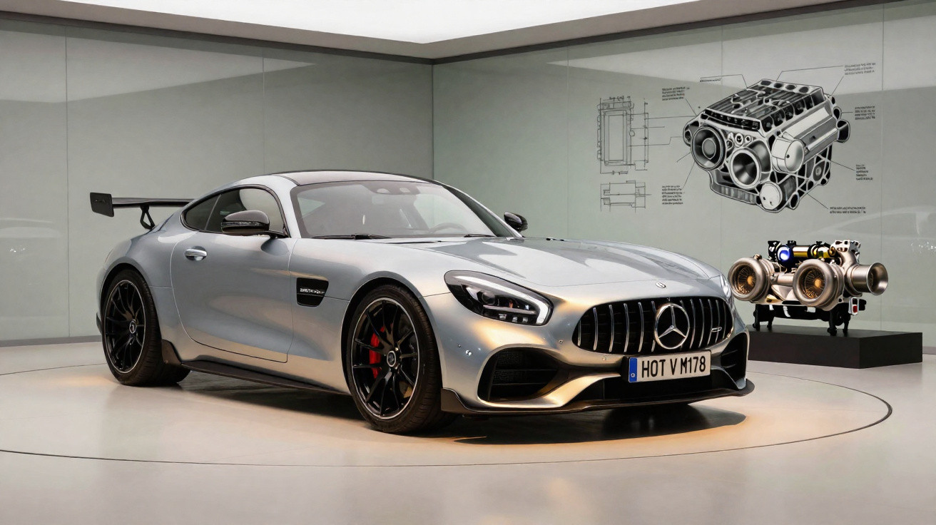 Carro esportivo Mercedes-Benz prata exibido em um museu com motor e desenho técnico ao fundo.