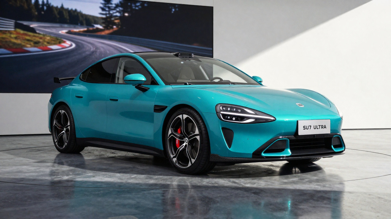 Carro esportivo elétrico azul turquesa, modelo SU7 Ultra, exposto em ambiente interno com piso de concreto.